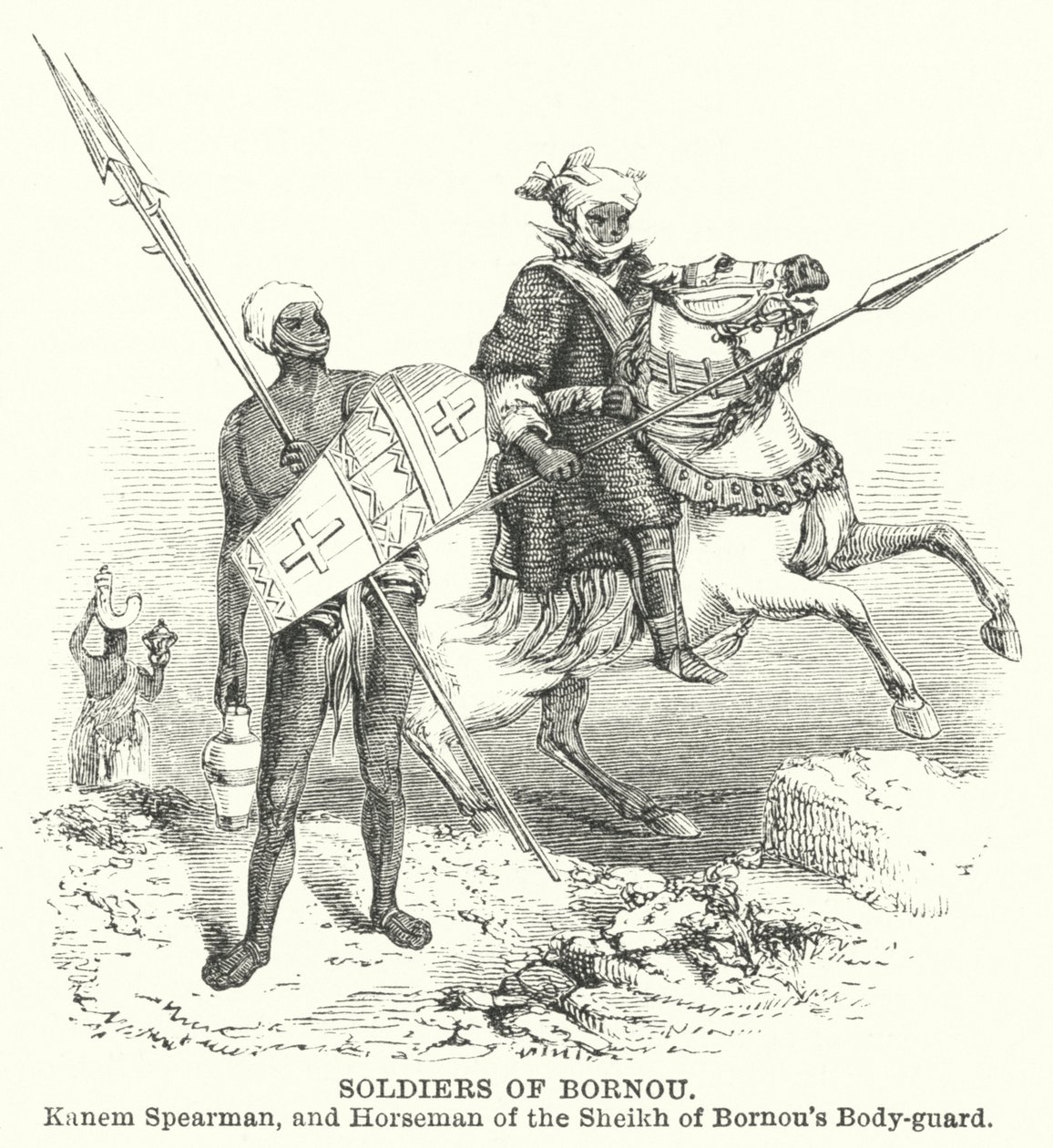 Soldaten von Bornou, Kanem-Speerträger und Reiter der Leibgarde des Scheichs von Bornou von English School