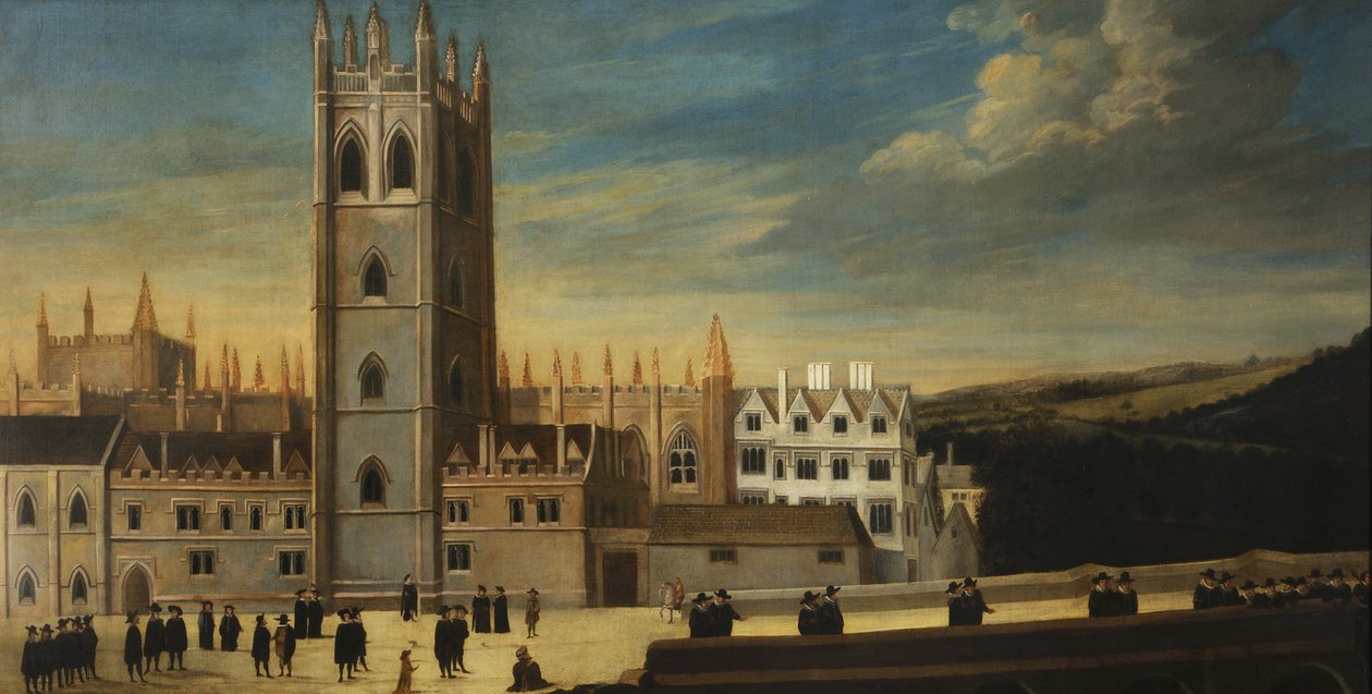Südfront von Magdalen mit zahlreichen Figuren im Vordergrund, ca. 1650 von English School