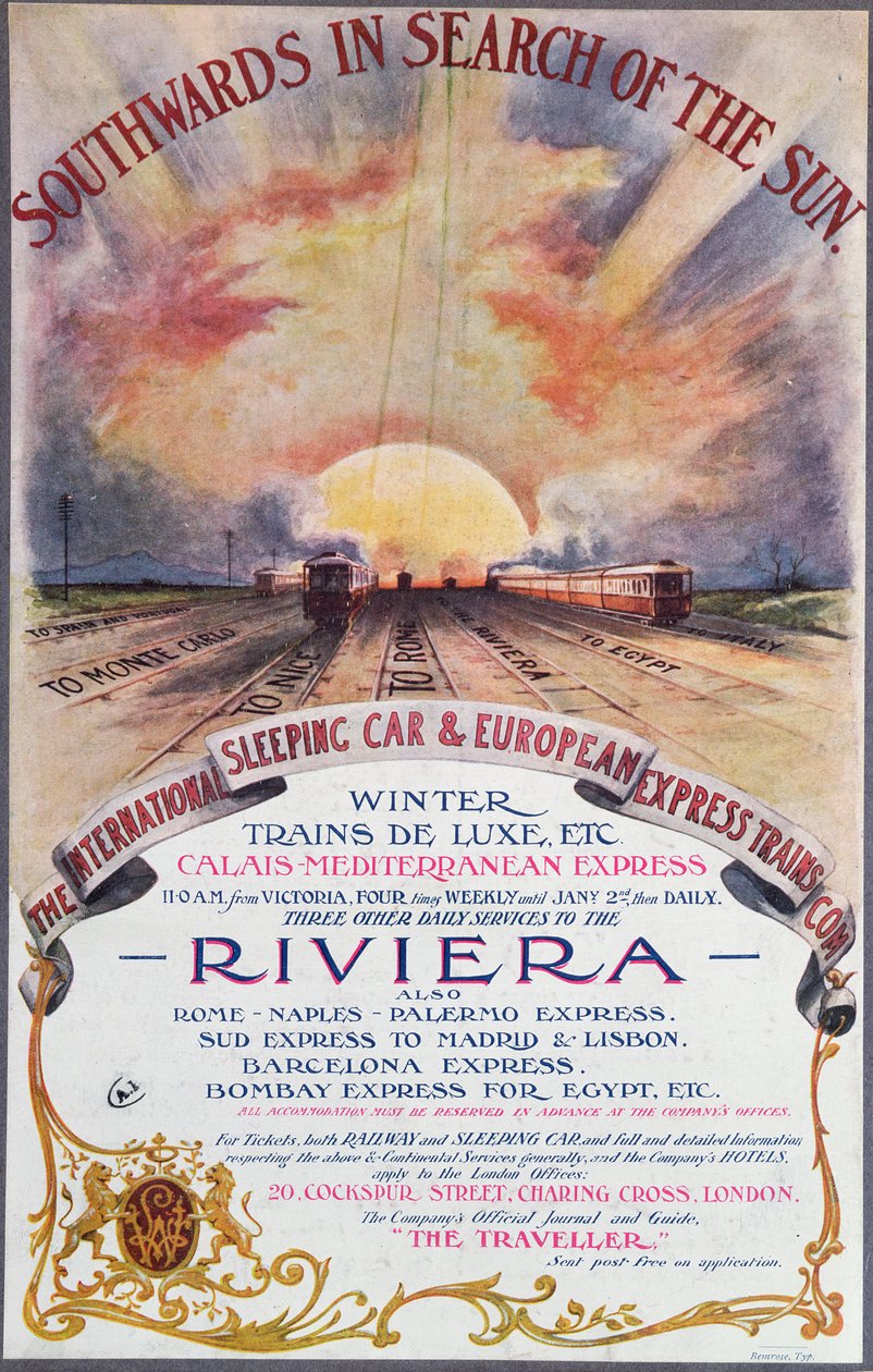 Südwärts zur Sonne, Plakat zur Werbung für die International Sleeping Car Train Company-Dienste an die französische Riviera, ca. 1910 von English School