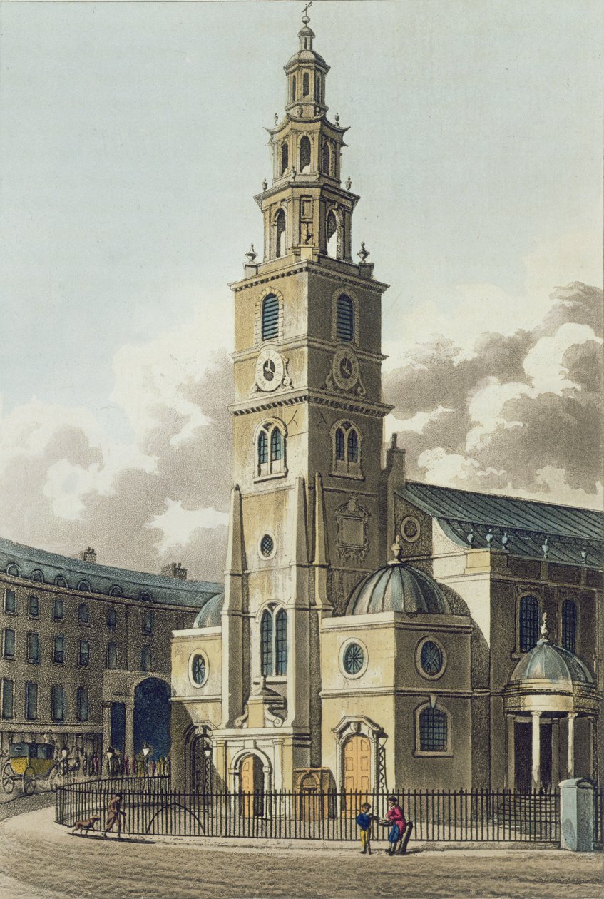 St. Clement Danes Kirche, veröffentlicht von Rudolph Ackermann (1764-1834) 1816 (Aquatinta) von English School