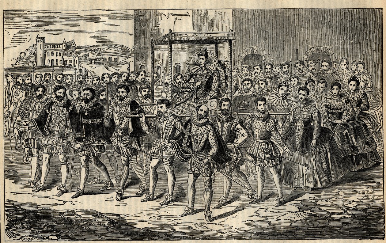 Staatsbesuch von Königin Elizabeth - Königin Elizabeth I. (1533-1603) mit ihren Beratern - Charles, Lord Howard of Effingham; George Clifford, Herzog von Cumberland; Thomas Butler, Earl of Ormonde; George Talbot, 7. Earl of Shrewsbury; Edward Somerset, Ear von English School