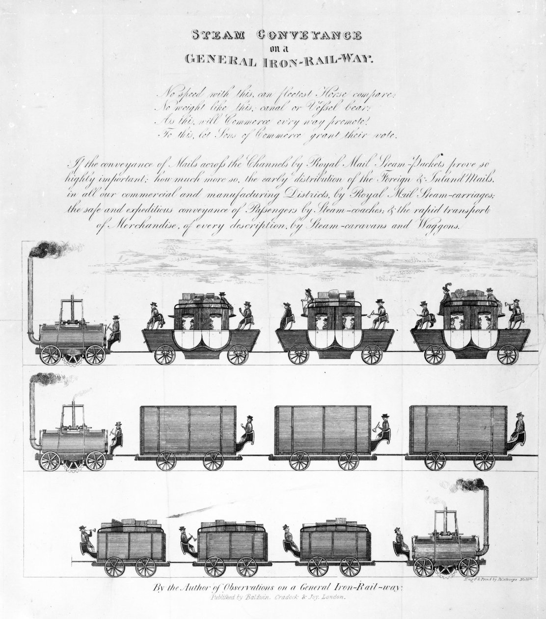 Dampftransport auf einer allgemeinen Eisenbahn, 1825 (Gravur) von English School