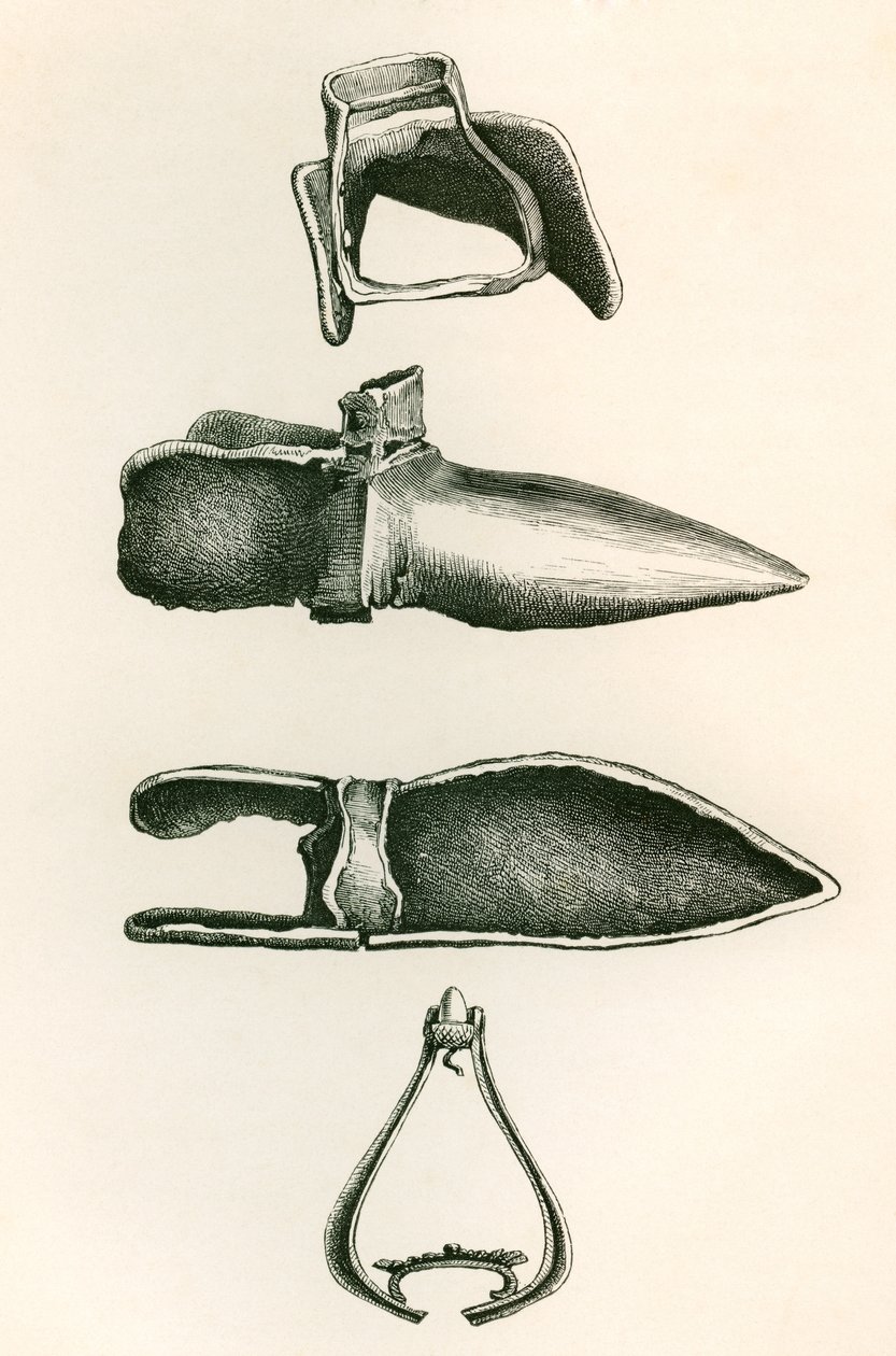 Steigbügel und Sollerets, aus Die britische Armee: Ihre Ursprünge, Fortschritte und Ausrüstung, veröffentlicht 1868. von English School