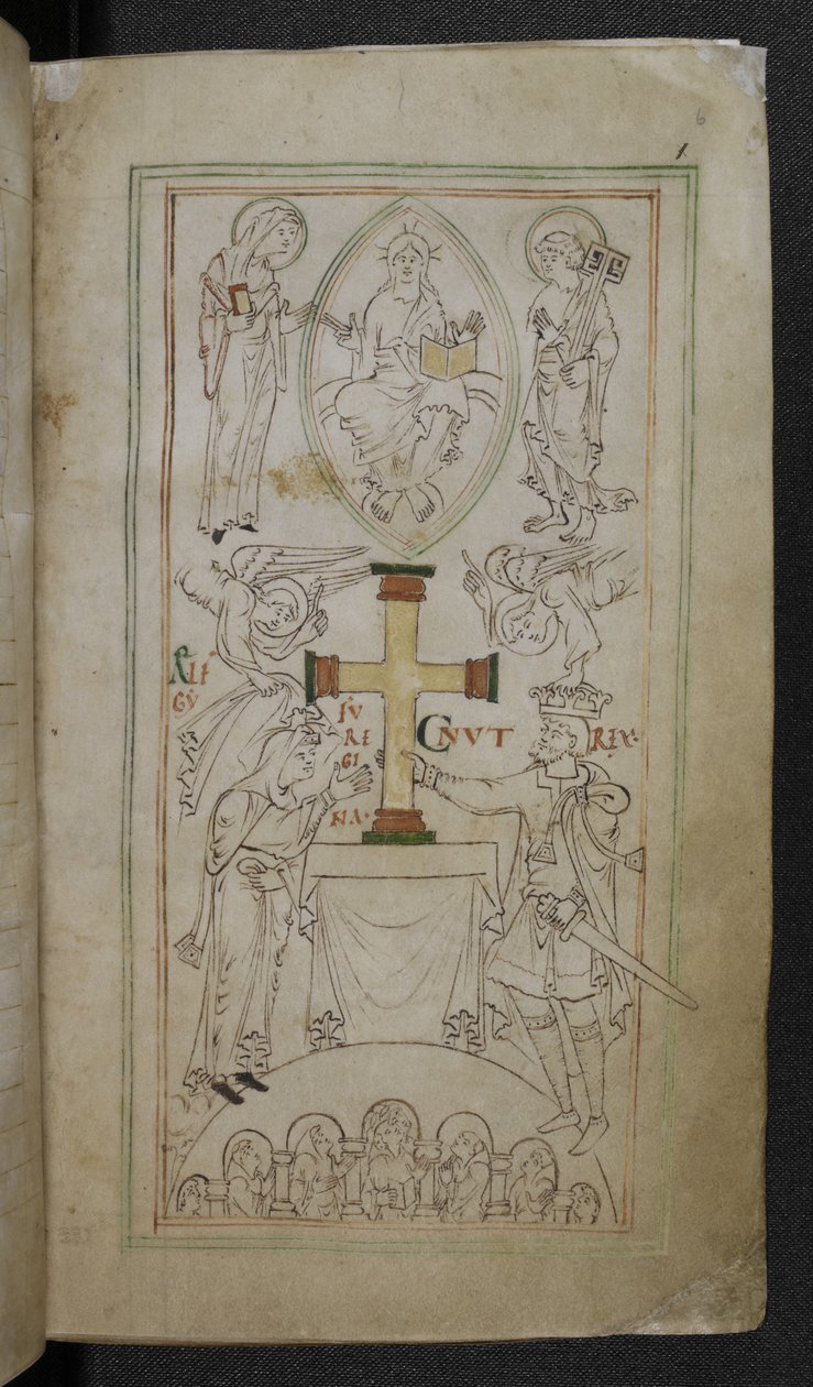 König Cnut und seine Königin Aelfgyfu präsentieren ein Kreuz auf dem Altar des Neuen Münsters, 
