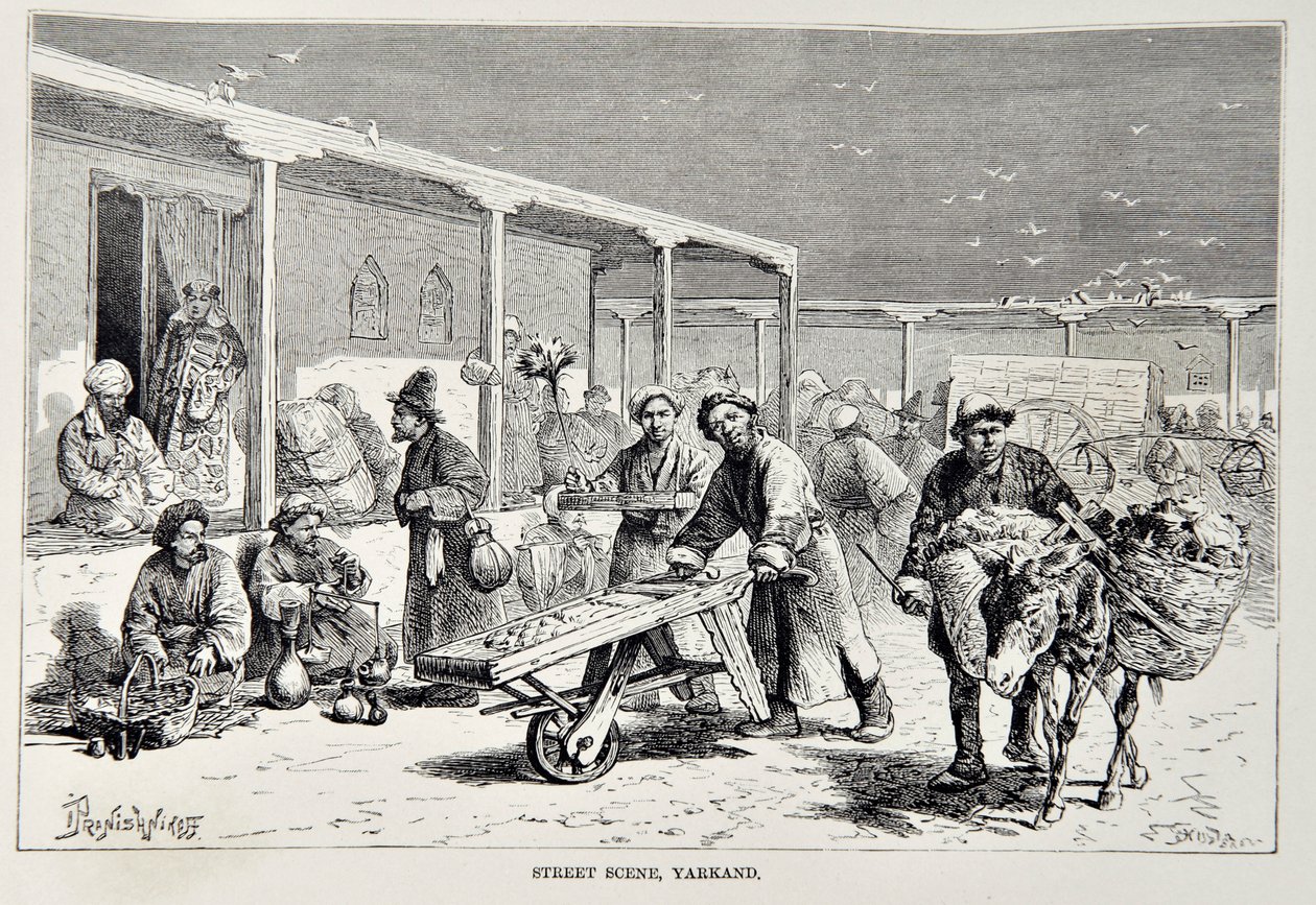 Straßenszene, Yarkand, Illustration aus Die Universalgeographie, die Erde und ihre Bewohner von Elisee Reclus, veröffentlicht 1878 von English School