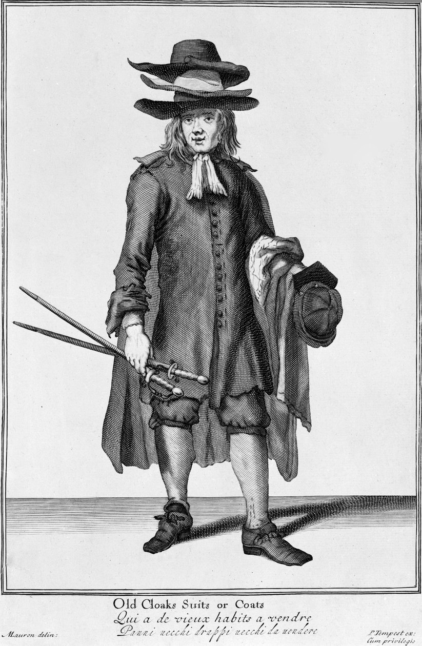 Straßenverkäufer, der alte Mäntel, Anzüge und Jacken verkauft, 1666 von English School