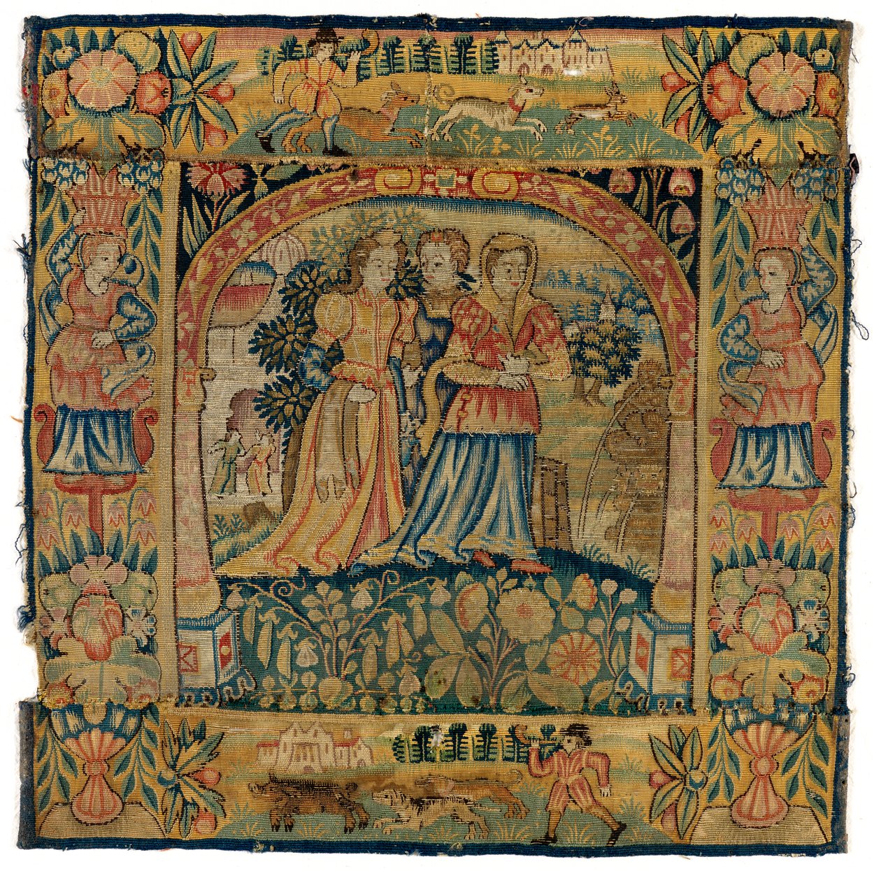 Wandteppichkissenbezug, der Susanna auf dem Weg zum Bad darstellt, hergestellt in Sheldon, England, nach 1600 von English School