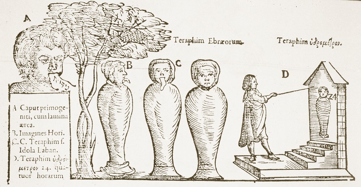 Teraphim, Kopie einer Illustration aus dem 17. Jahrhundert, verwendet in einer Geschichte der Magie, veröffentlicht Ende des 19. Jahrhunderts von English School