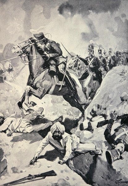Thackwell führt die 3. Leichten Dragoner durch Sikh-Erdwerke, Schlacht von Sobraon von English School