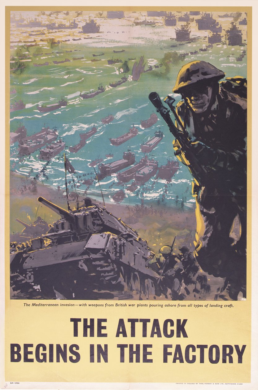 Der Angriff beginnt in der Fabrik, Zweiter Weltkrieg Plakat, 1943 von English School