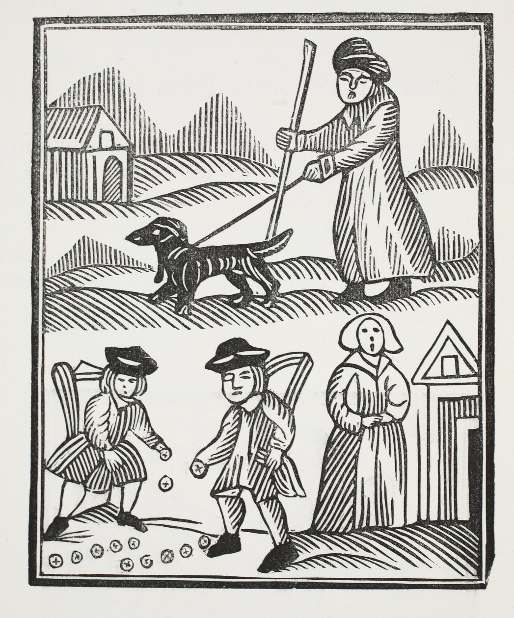 Der Bettler reist mit seinem Hund, bringt viel Reichtum nach Hause, mit dem er den Ritter übertrifft und seine Tochter zu ihrem Vergnügen heiratet, Illustration aus Chap-books des achtzehnten Jahrhunderts von English School