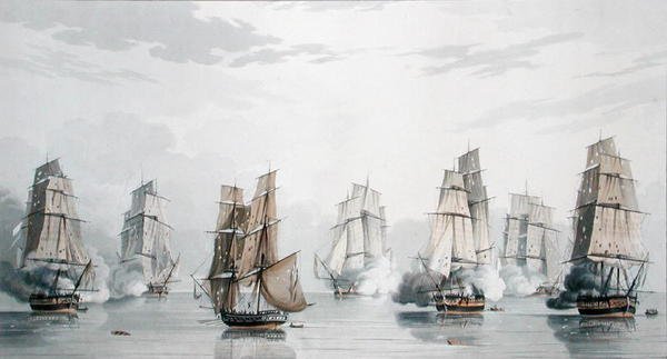 Das britische Geschwader unter dem Kommando von Kapitän Charles Marsh Schomberg und das französische Geschwader unter dem Kommando von Commodore Roquebert, in der Flaute kurz nach Beginn der Aktion vor Madagaskar, 20. Mai 1811 von English School