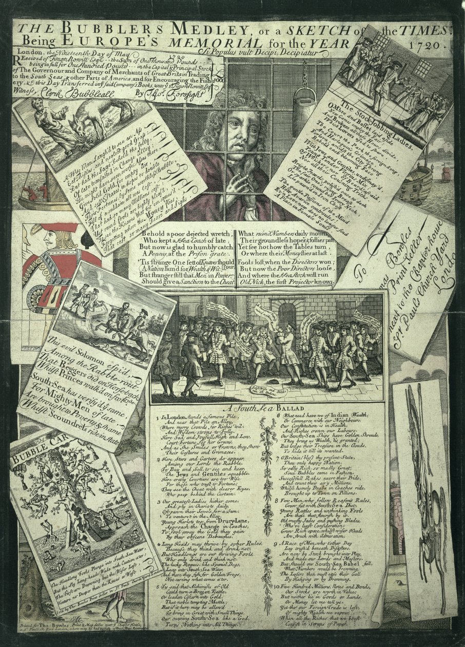 Das Medley des Blasenmachers oder eine Skizze der Zeiten, Europas Denkmal für das Jahr 1720, satirische Gravur von English School