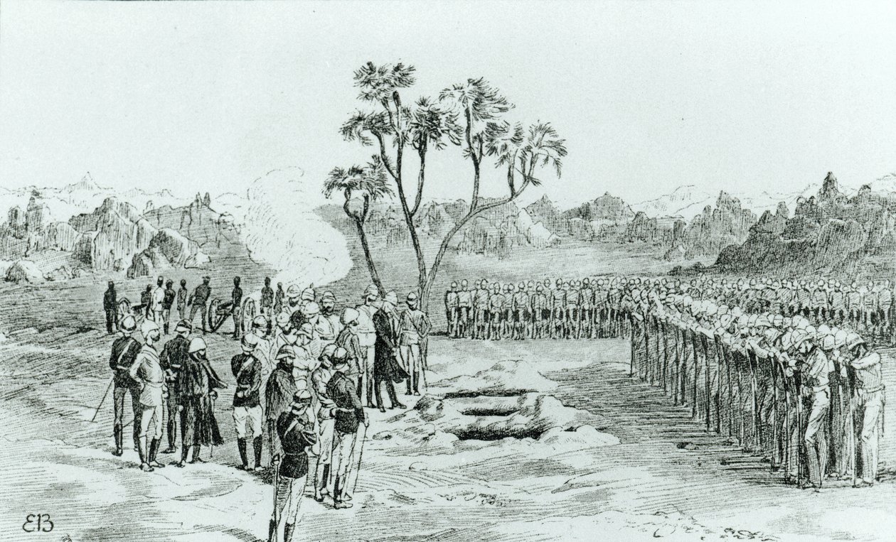 Das Begräbnis von General Earle und den Obersten Eyre und Coveney in Kirbekan, aus The Campaign of the Cataracts von General William Francis Butler, veröffentlicht 1887 von English School