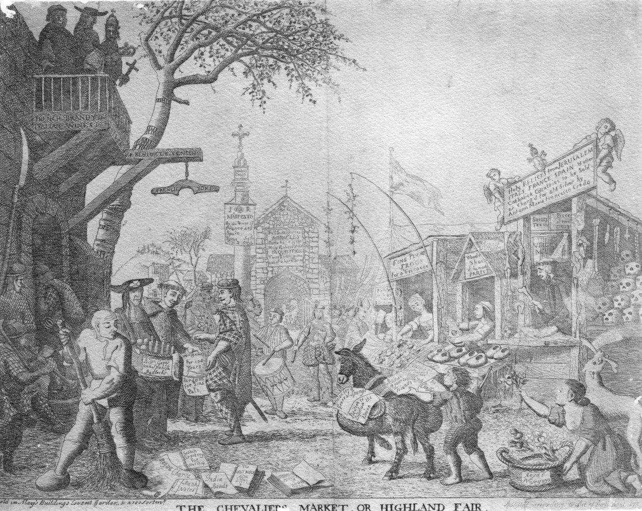 Der Markt des Chevaliers oder der Hochlandjahrmarkt, veröffentlicht von George Bickham dem Jüngeren von English School