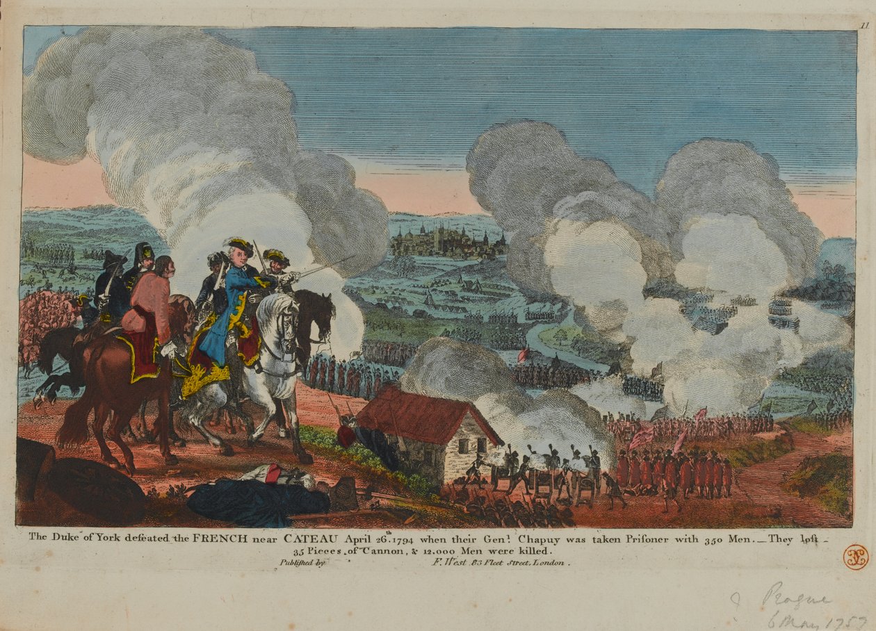 Der Herzog von York (1763-1827) besiegt die Franzosen bei Cateau, 26. April 1794, aus einer Reihe von Szenen des Siebenjährigen Krieges, veröffentlicht von F. West, 1834 von English School