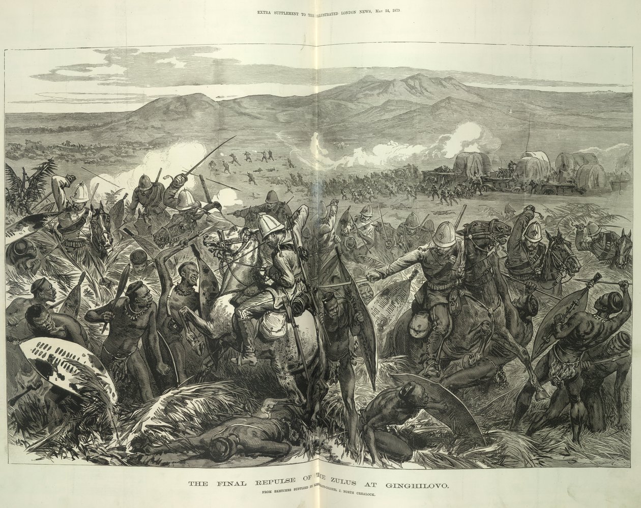 Die endgültige Abwehr der Zulus bei Ginghilovo, nach Skizzen von Lieutenant-Colonel J. North Crealock. Illustration aus 