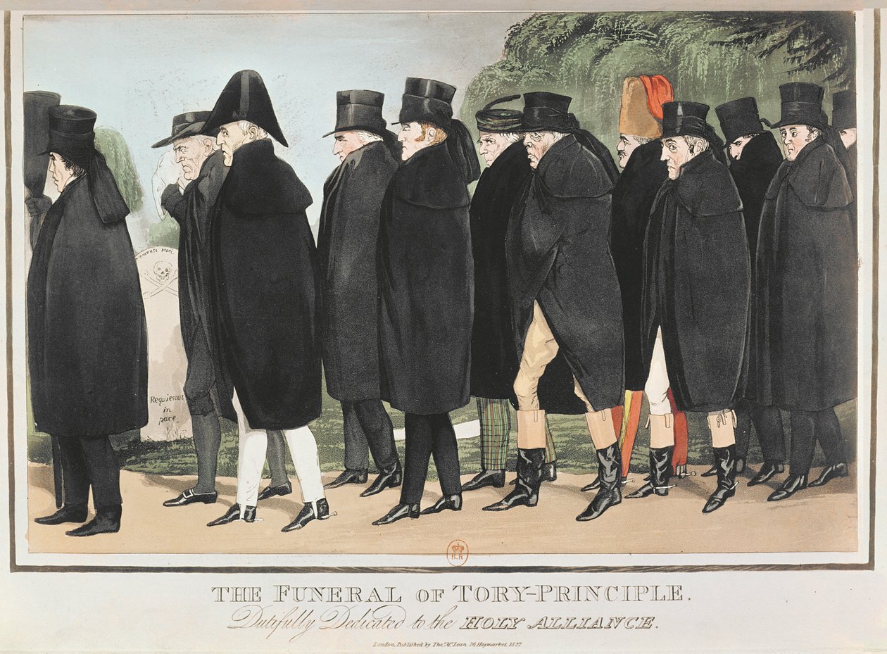 Das Begräbnis des Tory-Prinzips, ca. April 1827 von English School