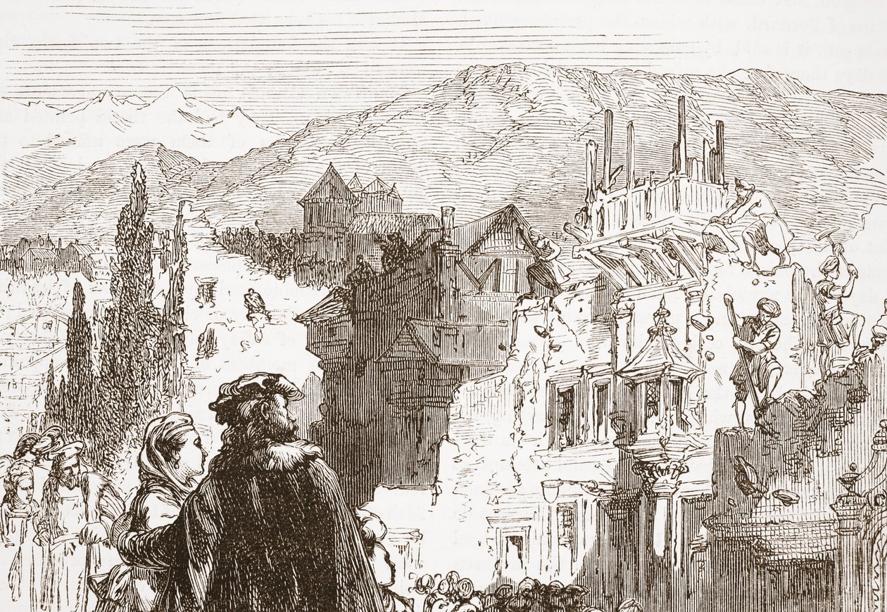 Die Genfer zerstören die Vororte ihrer Stadt, Illustration aus Die Geschichte des Protestantismus von James Aitken Wylie, veröffentlicht 1878 von English School