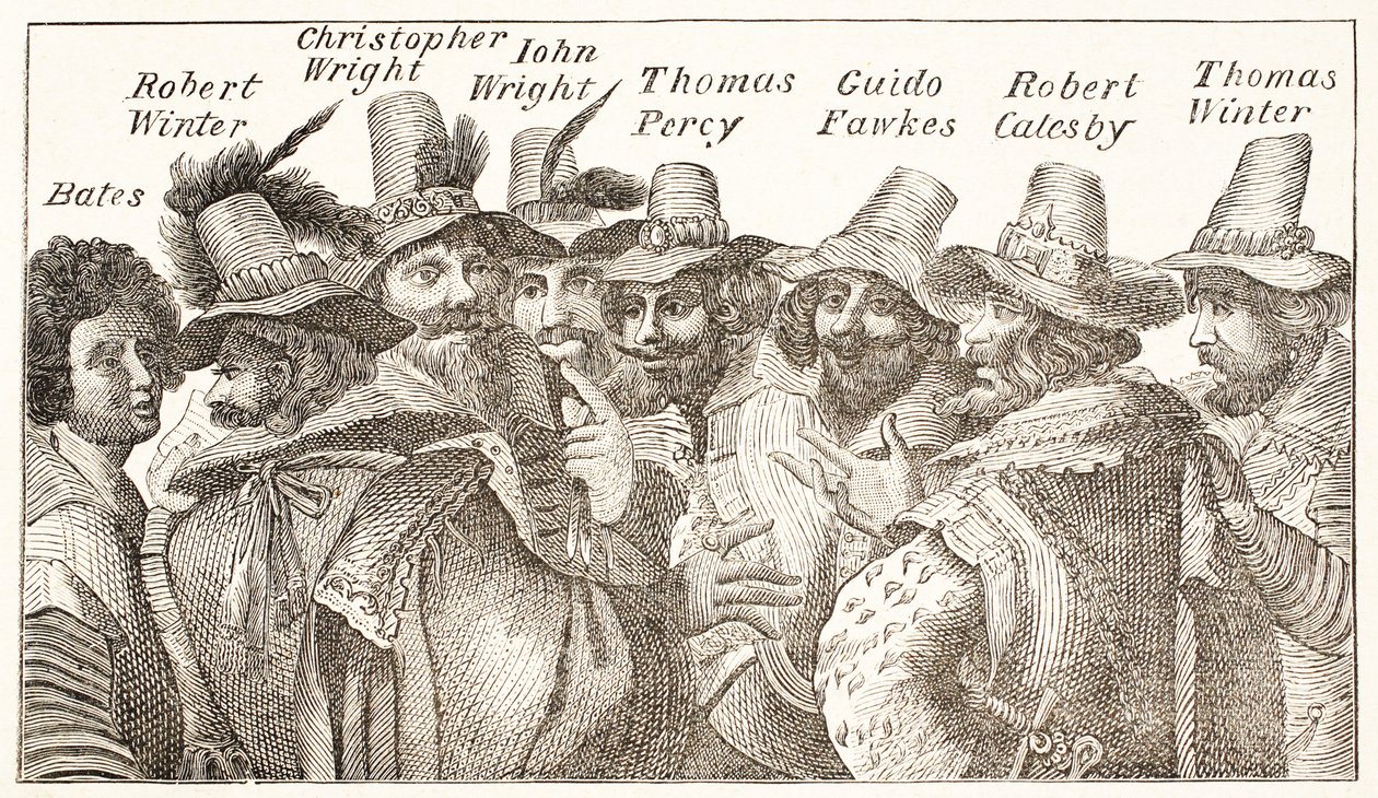 Die Schießpulver-Verschwörer, nach einem Stich von 1606 von English School