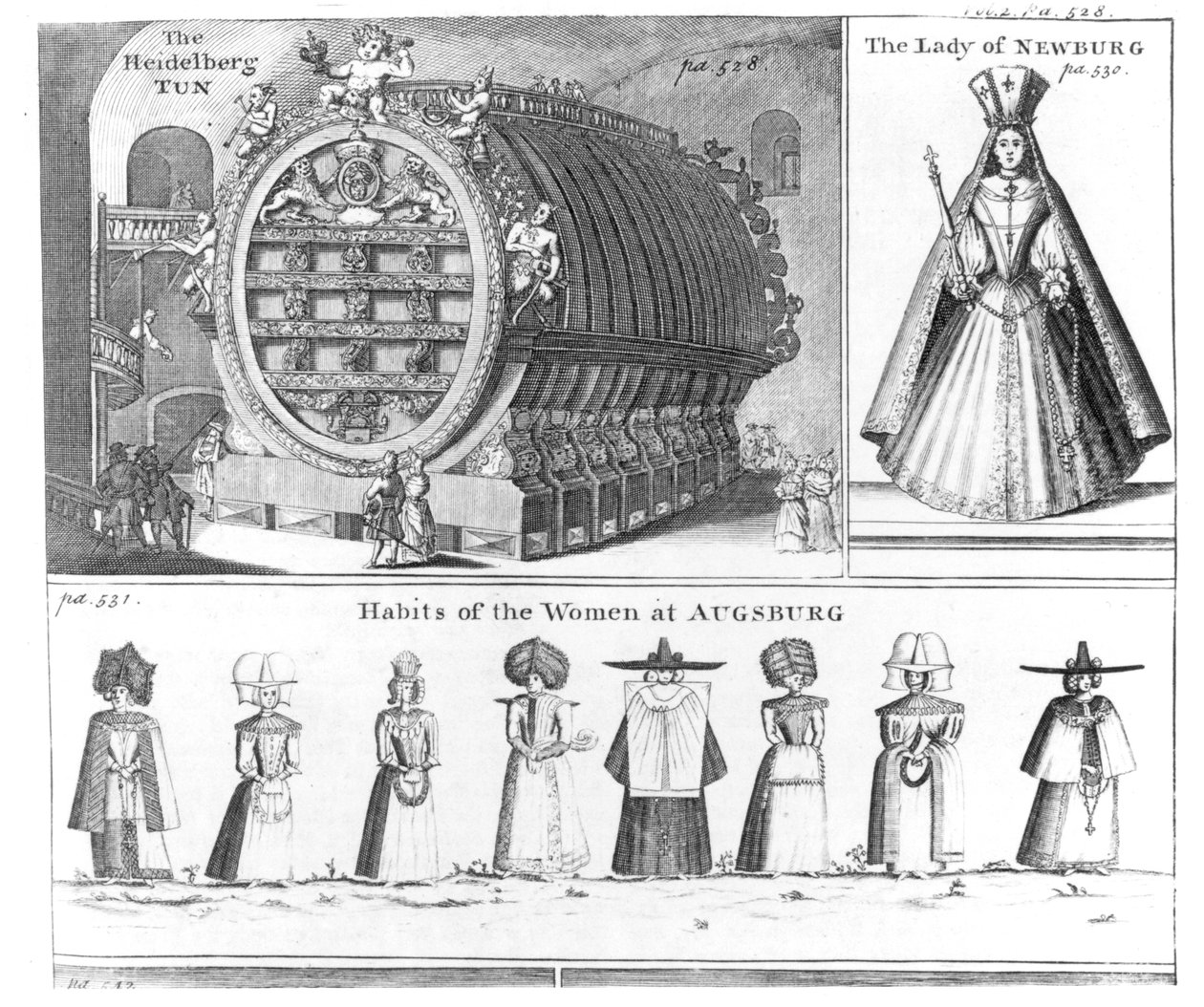 Das Heidelberger Fass, Die Dame von Neuburg und die Gewohnheiten der Frauen von Augsburg, aus Missons Nouveau voyage d