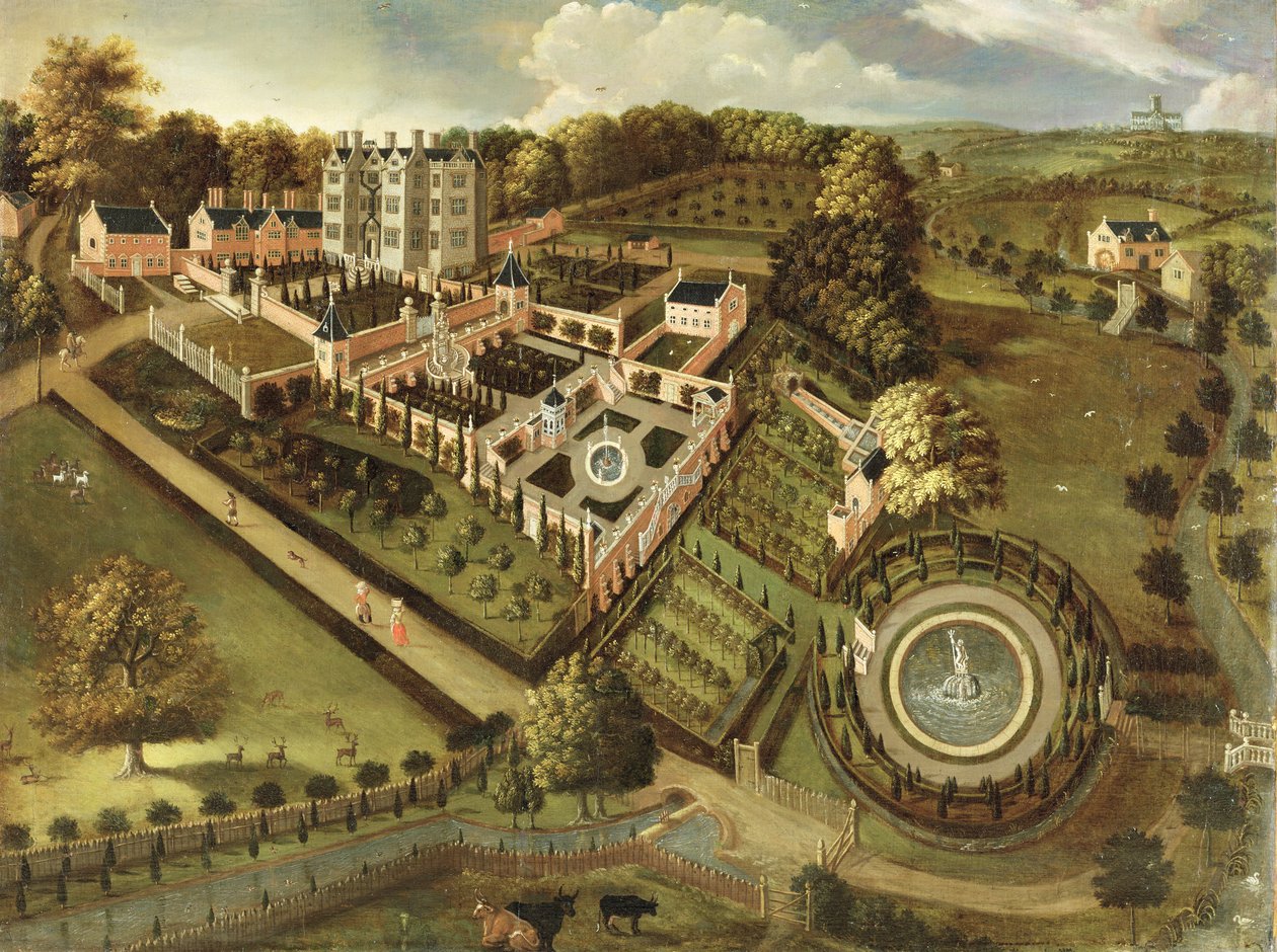 Das Haus und der Garten von Llanerch Hall, Denbighshire, ca. 1662-72 von English School
