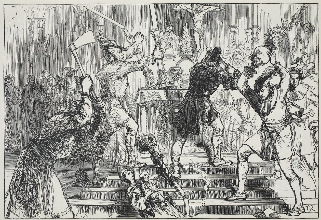 Die Bilderstürmer zerstören die Bilder und Altardekorationen einer römisch-katholischen Kirche, Illustration aus Die Geschichte des Protestantismus von James Aitken Wylie, veröffentlicht 1878 von English School