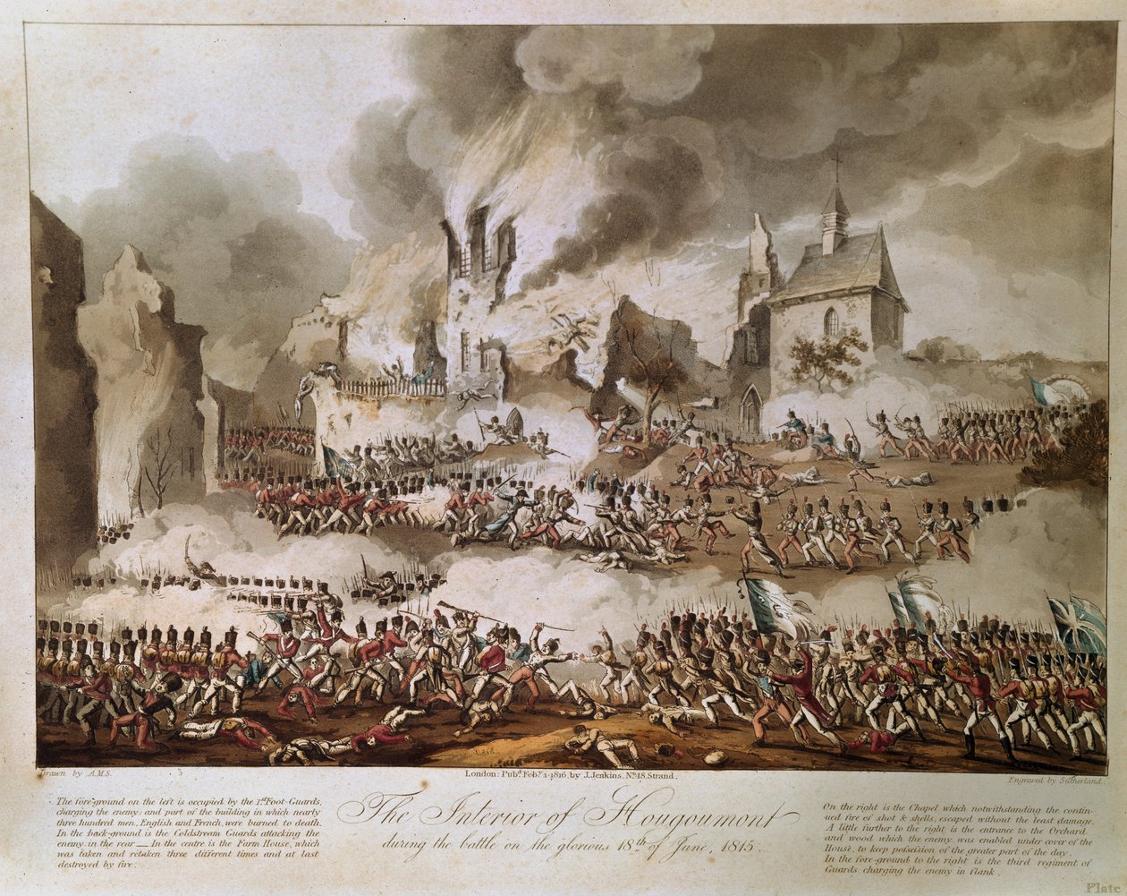 Das Innere von Hougoumont während der Schlacht am glorreichen 18. Juni 1815, graviert von T. Sutherland, veröffentlicht 1816 (Aquatinta) von English School