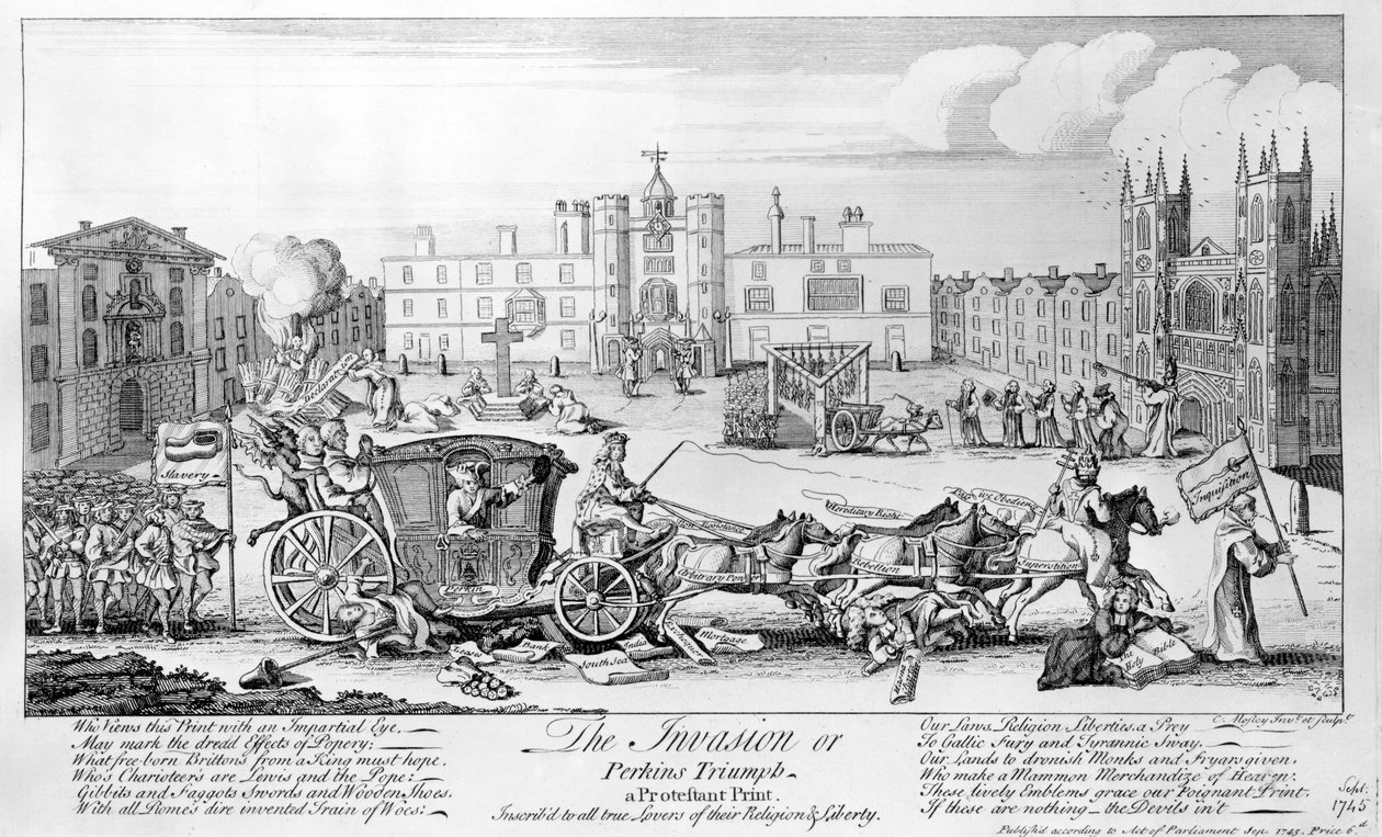 Die Invasion oder Perkins Triumph - ein protestantischer Druck, gewidmet allen wahren Liebhabern ihrer Religion und Freiheit, 1745 von English School
