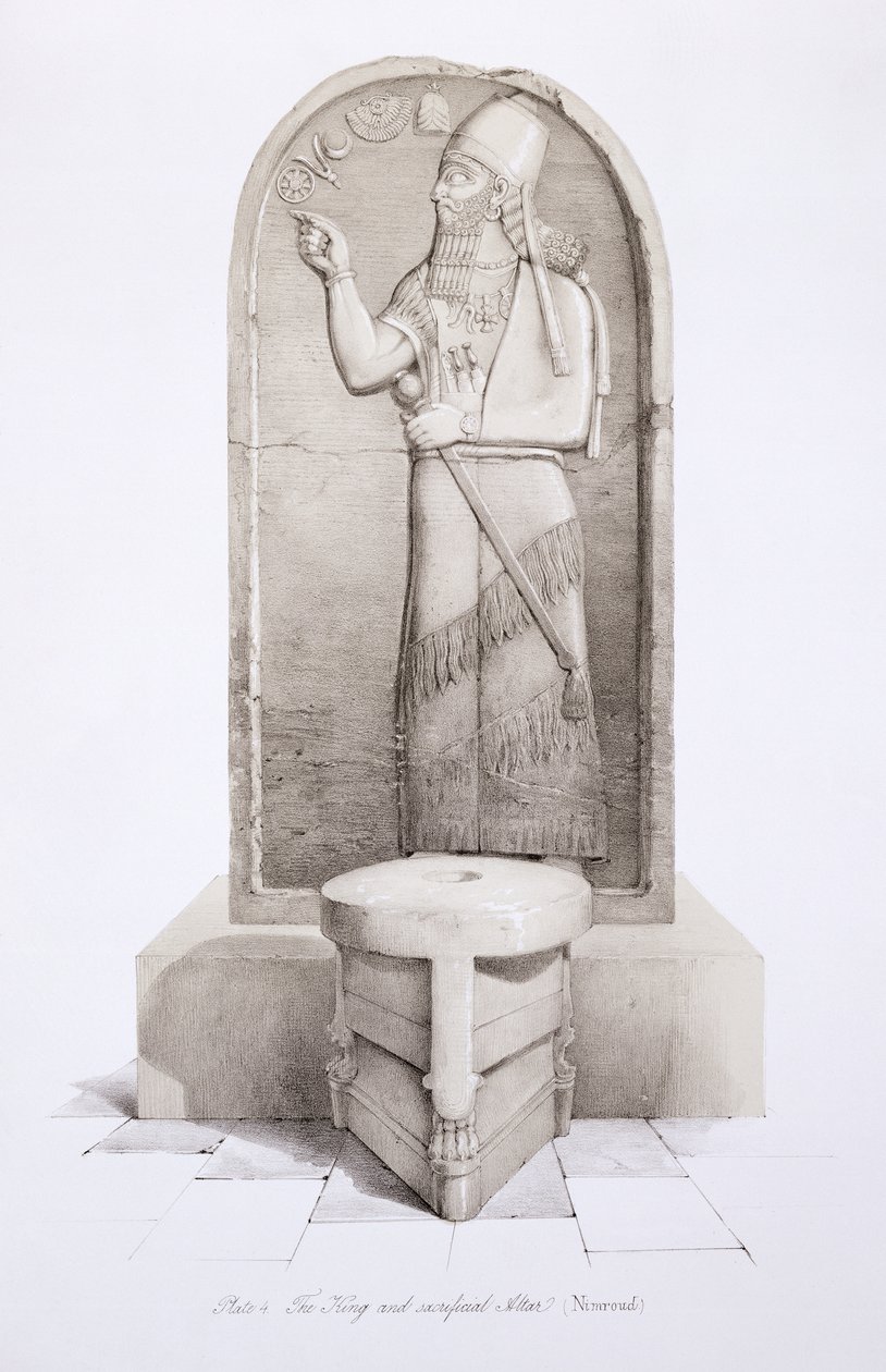 Der König und der Opferaltar, Nimrud, Tafel 4 aus Ninive und seine Überreste von Austen Henry Layard (1817-94) veröffentlicht 1849 von English School