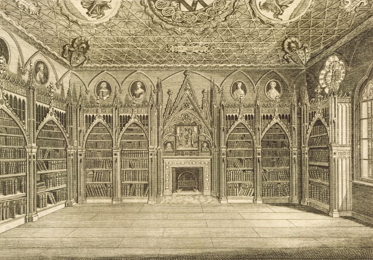 Die Bibliothek, graviert von Godfrey, aus der Beschreibung von Strawberry Hill von Horace Walpole, 1784 von English School