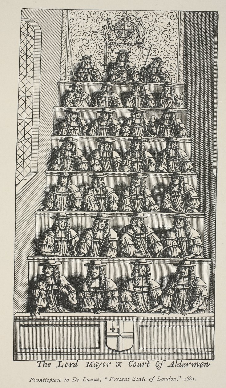 Der Lord Mayor und der Hof der Aldermen, Frontispiz aus De Launes Angliae Metropolis, 1681 von English School