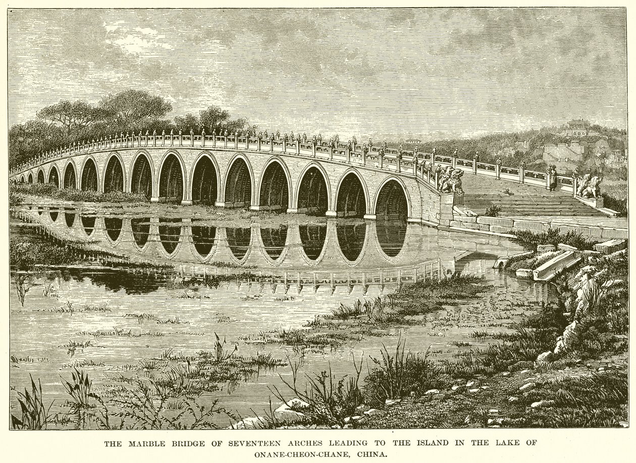 Die Marmorbrücke der siebzehn Bögen, die zur Insel im See von Onane-Cheon-Chane, China, führt (Gravur) von English School