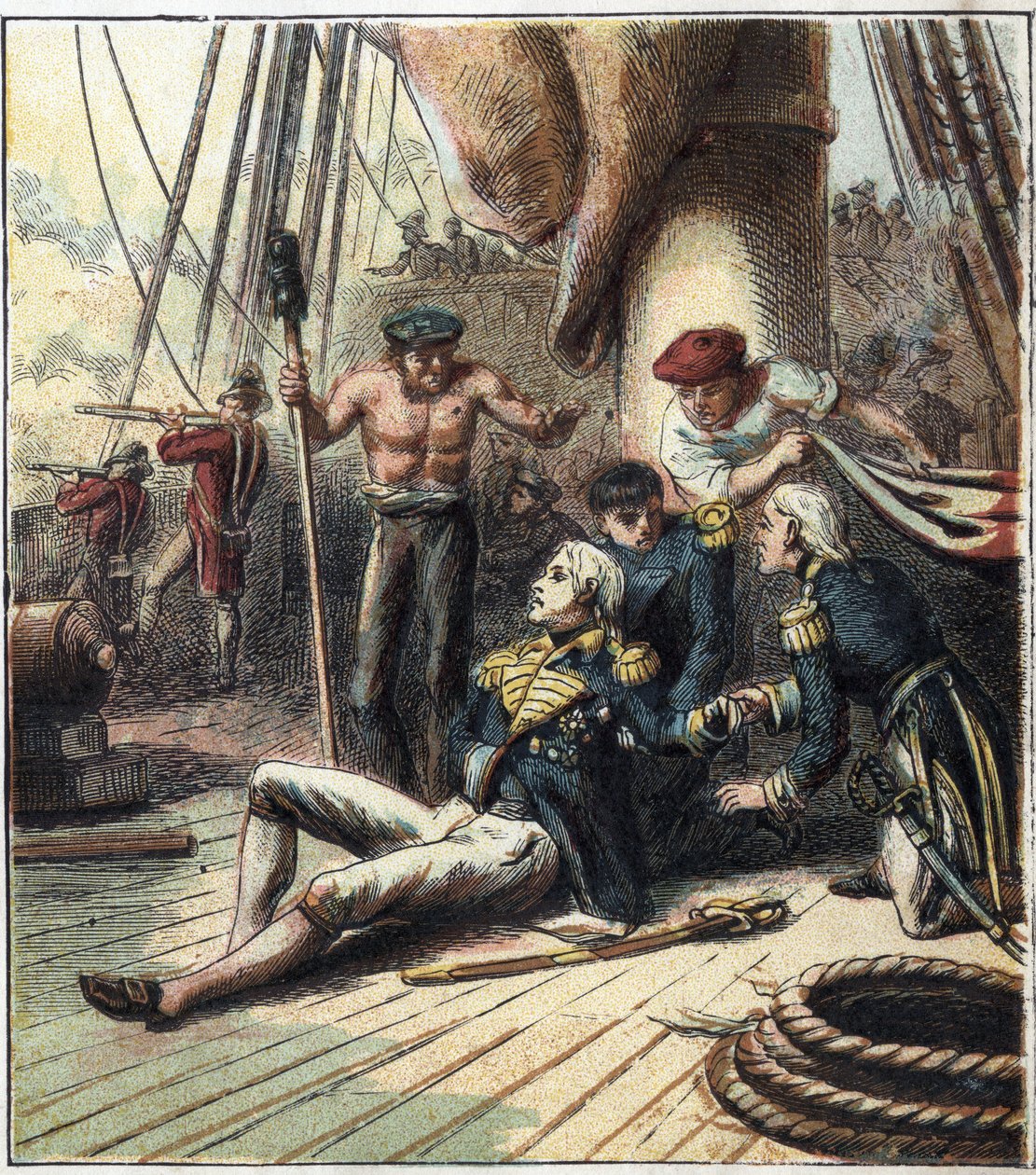 Der Napoleonische Krieg: die Schlacht von Trafalgar am 21.10.1805, sie stellte die französisch-spanische Flotte unter Admiral Villeneuve gegen die britische Flotte unter Vizeadmiral Nelson. Er starb dort. 