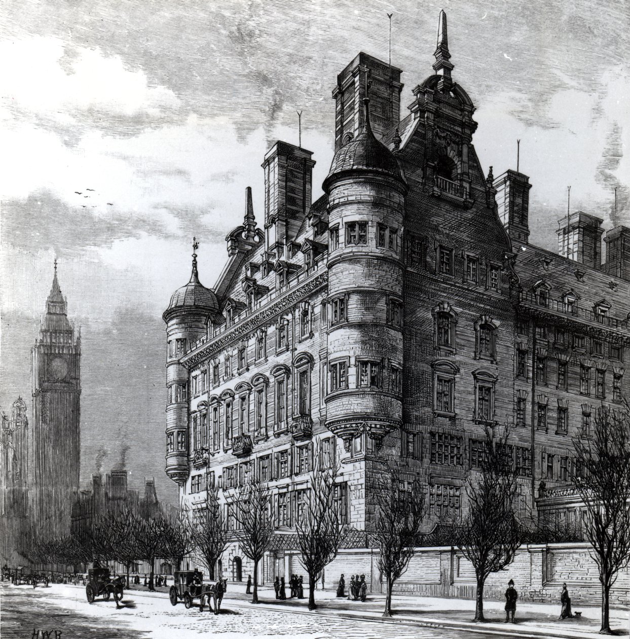 Die neuen Polizeibüros am Victoria Embankment, graviert von H.W.B., veröffentlicht in 