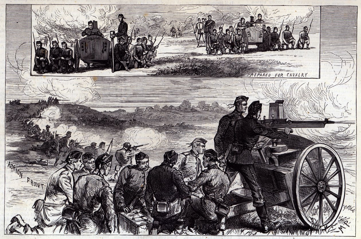 Die Nordenfeldt-Kanonen in Aldershott, aus der Illustrated London News, September 1885 von English School