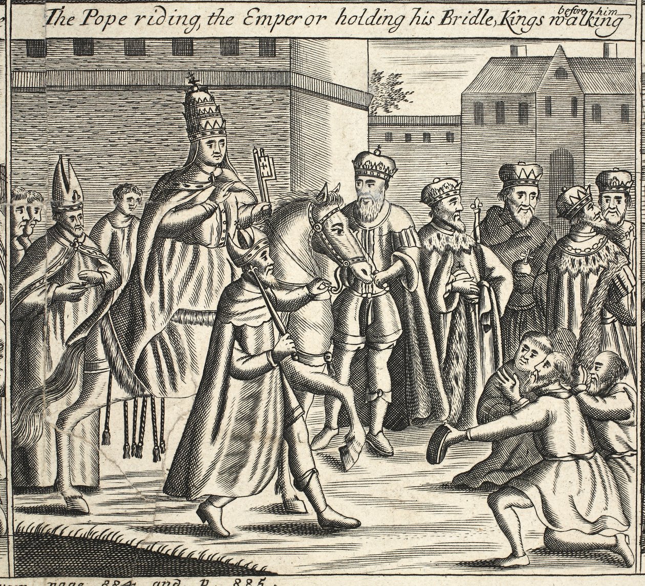 Der Papst reitet, der Kaiser hält seinen Zügel, Könige gehen vor ihm, Illustration aus Acts and Monuments von John Foxe, neunte Ausgabe, veröffentlicht 1684 von English School