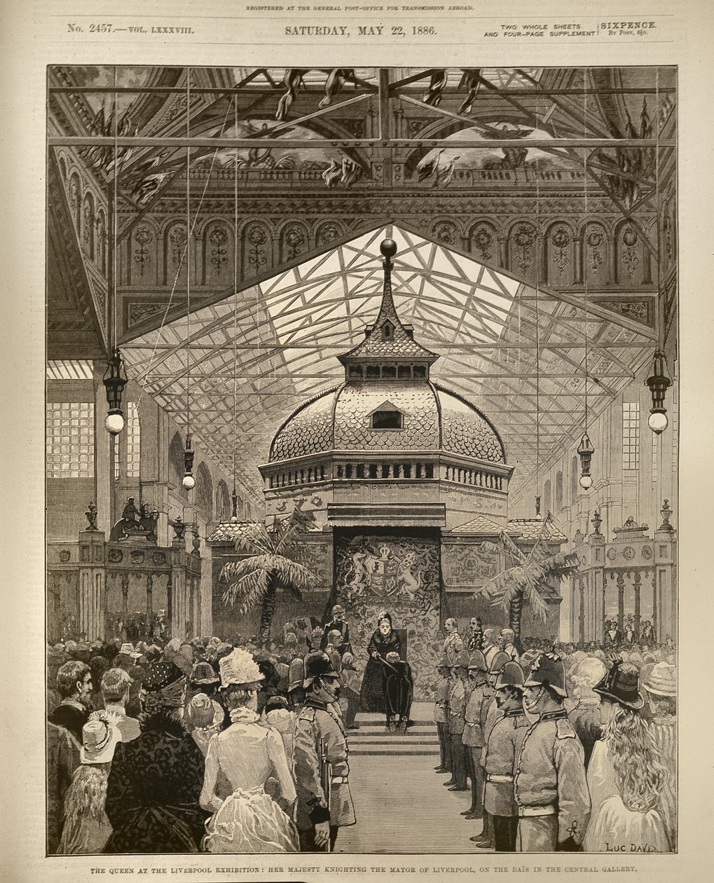 Die Königin auf der Liverpool-Ausstellung: Ihre Majestät schlägt den Bürgermeister von Liverpool im Zentralgalerie zum Ritter von English School