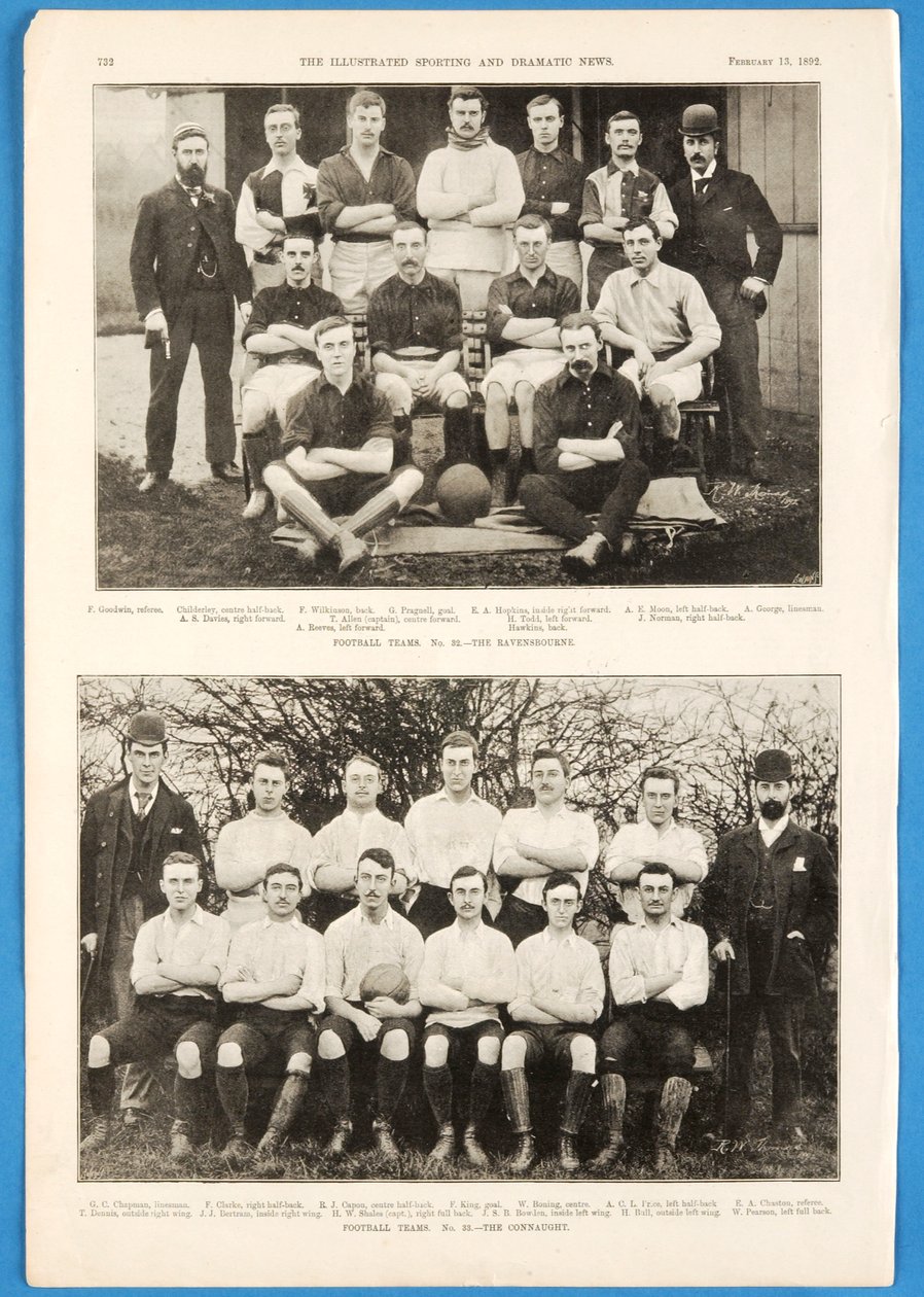 Die Ravensbourne und die Connaught, Fußballteams in The Illustrated Sporting and Dramatic News, 13. Februar 1892 von English School