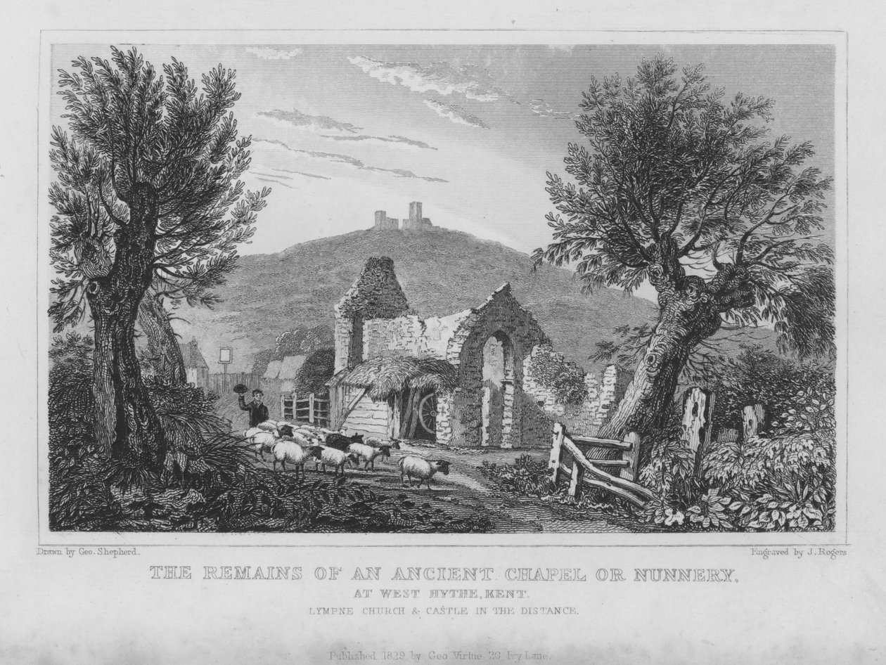 Die Überreste einer alten Kapelle oder eines Nonnenklosters in West Hythe, Kent (Gravur) von English School