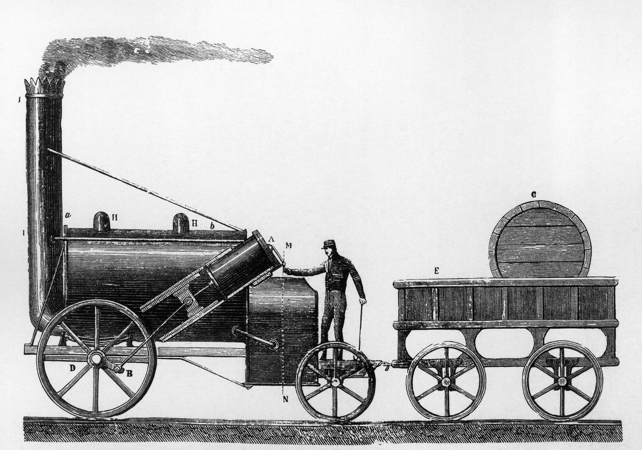 Die Rocket, Dampflokomotive entworfen und gebaut von George und Robert Stephenson im Jahr 1829 für die Liverpool-Manchester-Eisenbahn (Stich) von English School