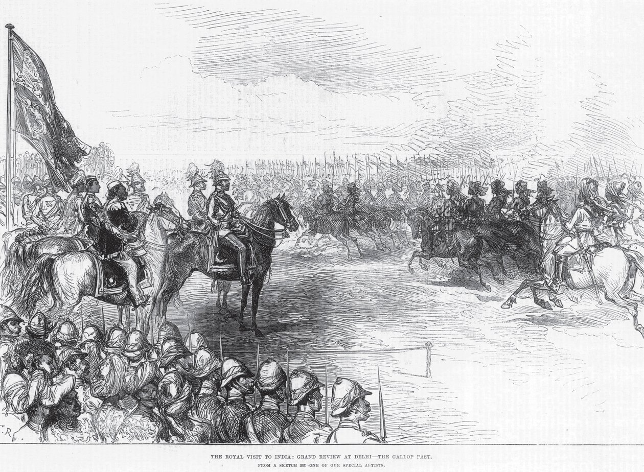 Der königliche Besuch in Indien: Große Parade in Delhi, der Galopp von English School