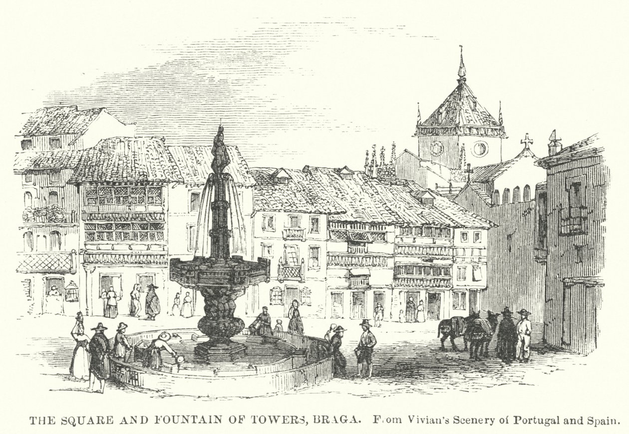 Der Platz und der Brunnen der Türme, Braga (Gravur) von English School