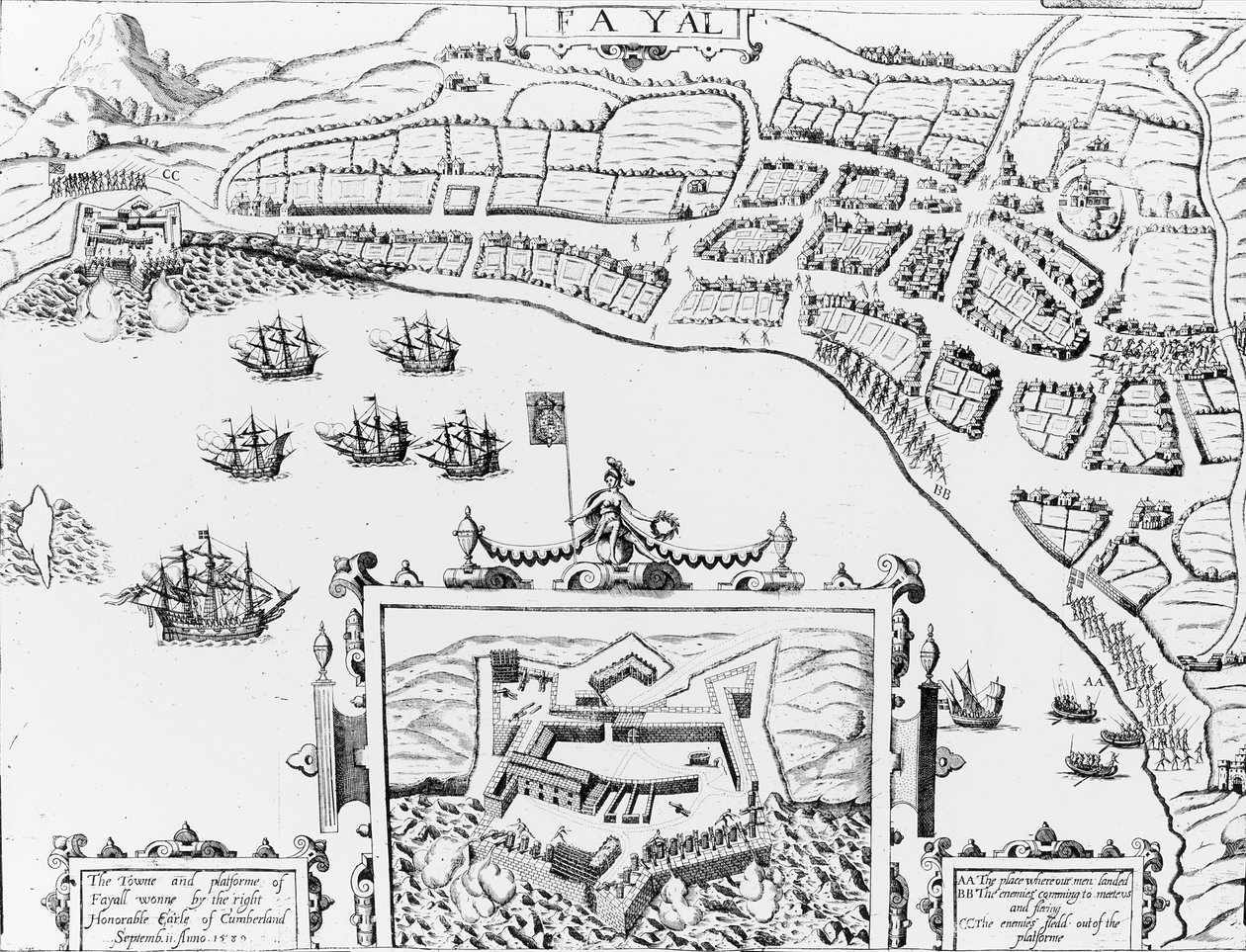 Die Stadt und Plattform von Fayall, gewonnen vom rechten ehrenwerten Earl of Cumberland, 2. September 1589 von English School
