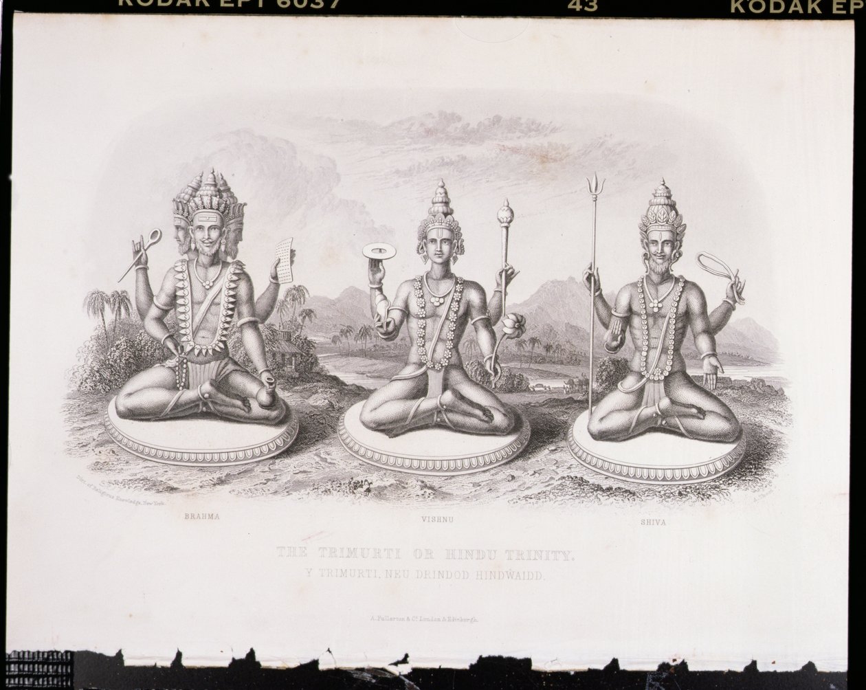 Die Trimurti oder Hindu-Trinität, graviert von A. Thorn, aus Weltreligion, veröffentlicht von A. Fullarton & Co. von English School