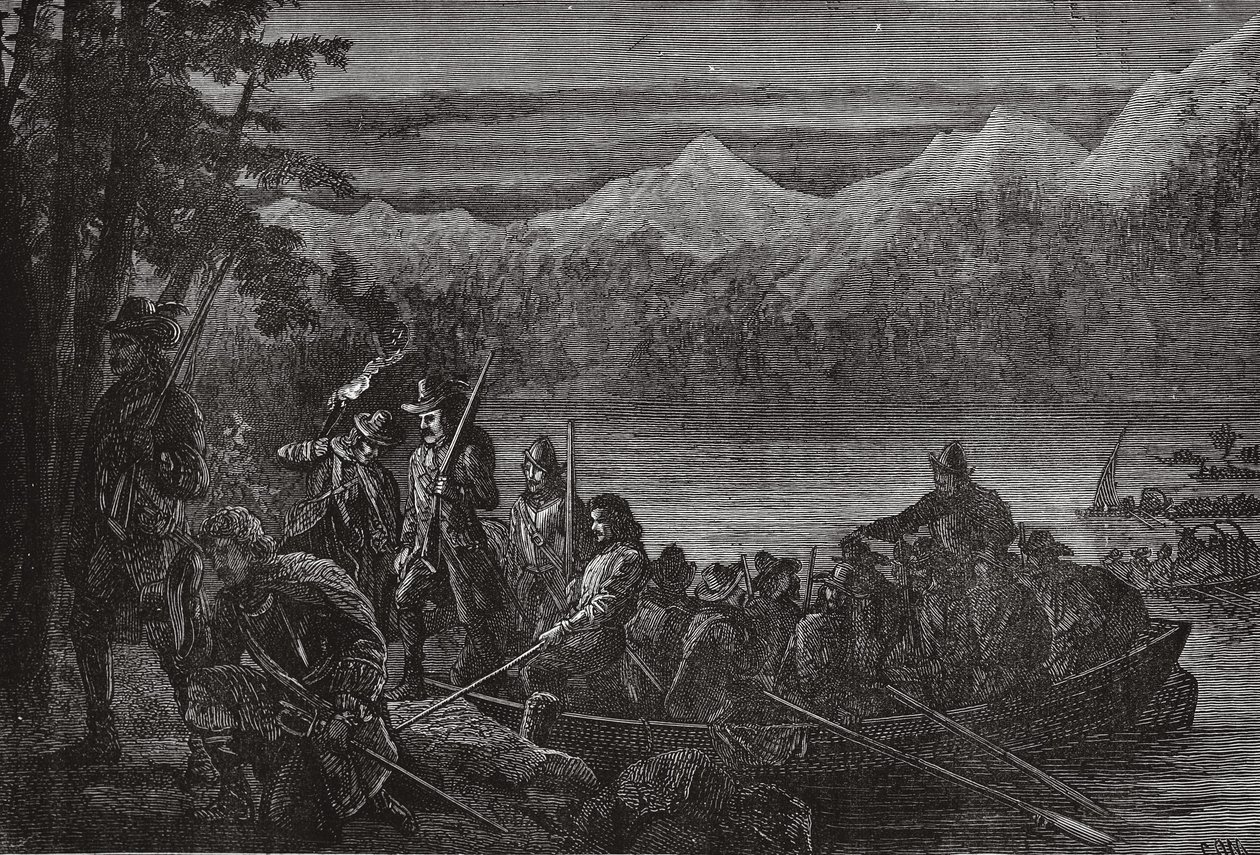 Die Waldenser überqueren den Genfersee bei Nacht, Illustration aus Die Geschichte des Protestantismus von James Aitken Wylie, veröffentlicht 1878 von English School