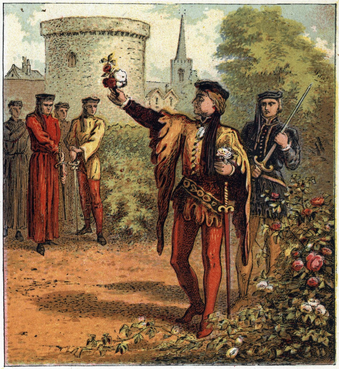 Die Rosenkriege (1455-1485): der Beginn des Konflikts. Ein Lord des königlichen Hauses York pflückt eine weiße Rose und ein anderer des königlichen Hauses Lancaster pflückt eine rote Rose. Illustration des englischen Bürgerkriegs, der durch die Teilung der von English School
