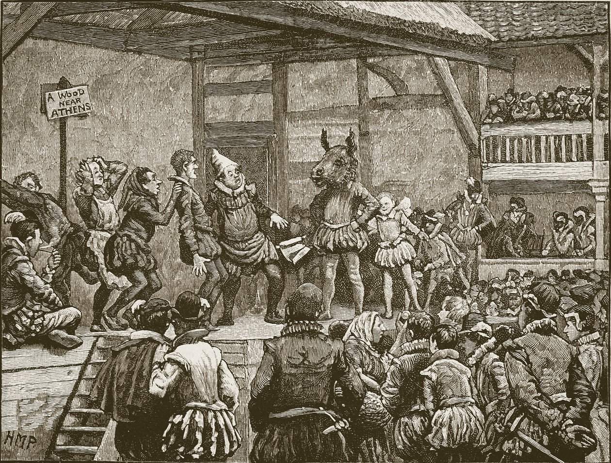 Aufführung eines Stücks von Shakespeare zur Zeit von Königin Elisabeth, Illustration aus Cassells Illustrierter Geschichte Englands von English School