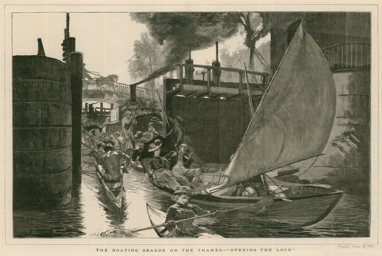 Die Bootssaison auf der Themse - Öffnen der Schleuse (Gravur) von English School