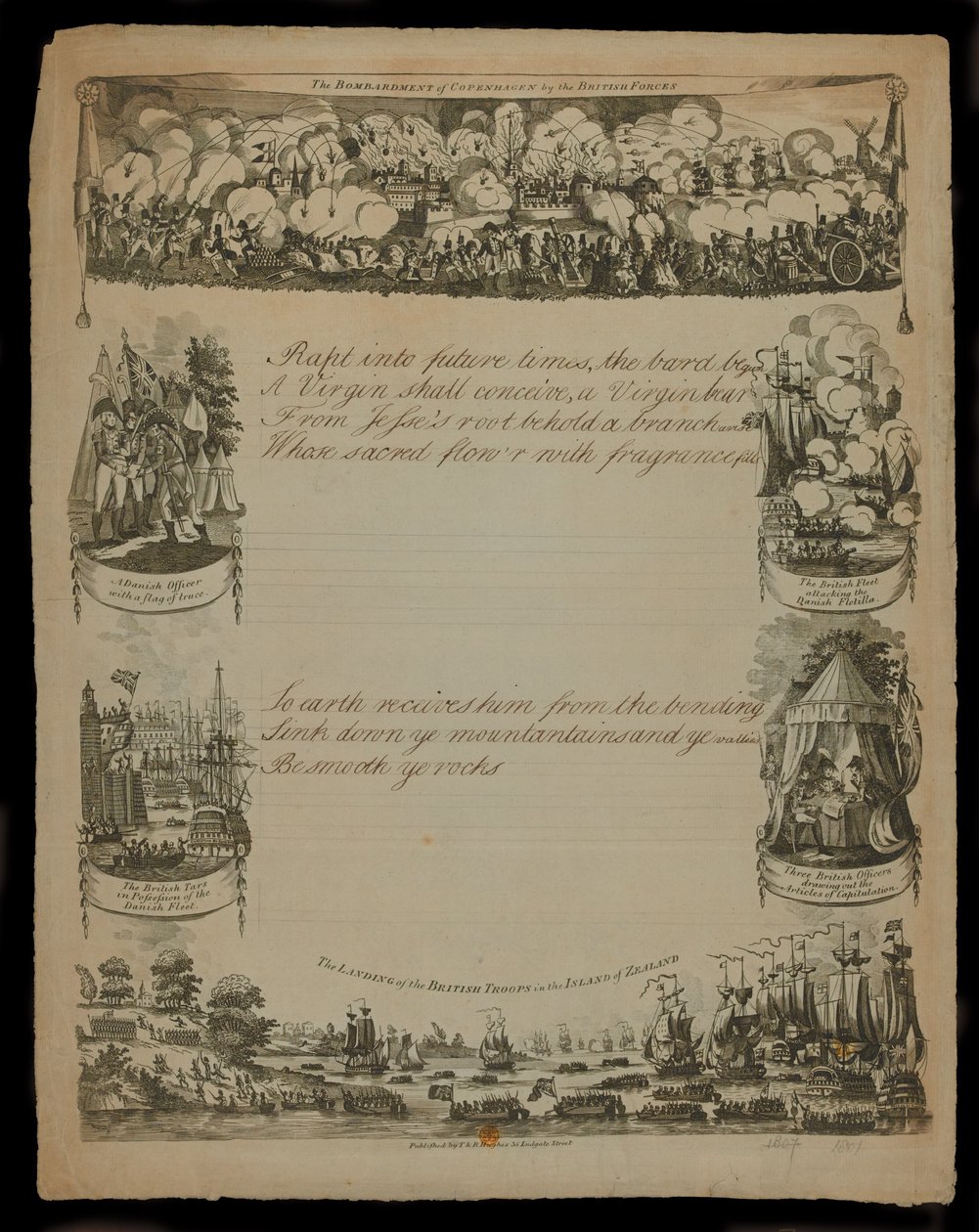 Die Bombardierung von Kopenhagen durch die britischen Streitkräfte und die Landung der britischen Streitkräfte auf der Insel Seeland, veröffentlicht von T. und R. Hughes im Jahr 1807 von English School